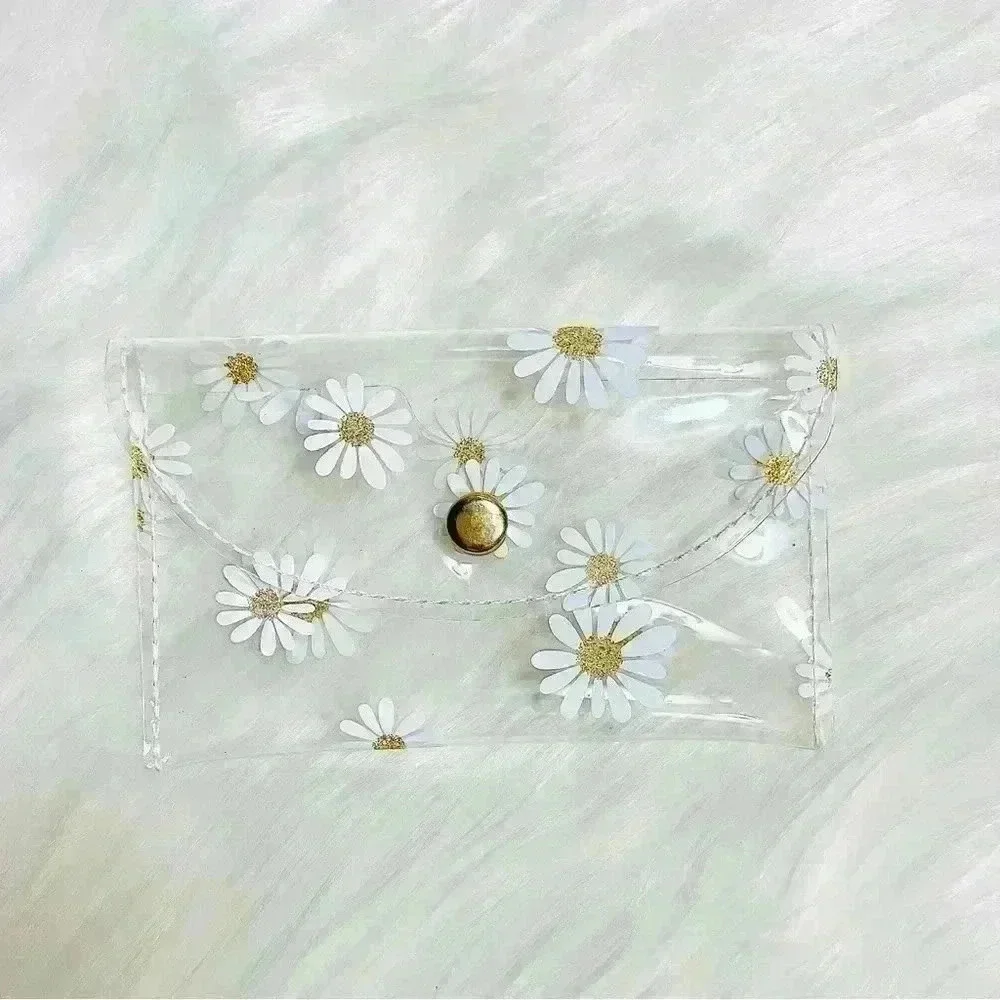 White Floral Clear Card Case Wallet